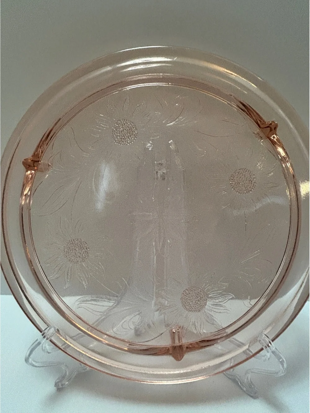 2 Jeanette Pink Depression Glass Footed Cake Plates Sunflower/Daisy